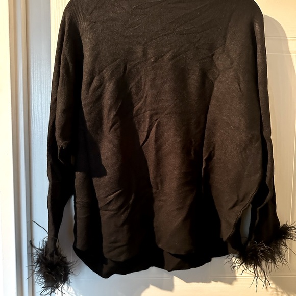 Sioni Black Crew Neck Sweater with Scoop Neckline and Feather Trim Cuffs - Picture 2 of 5